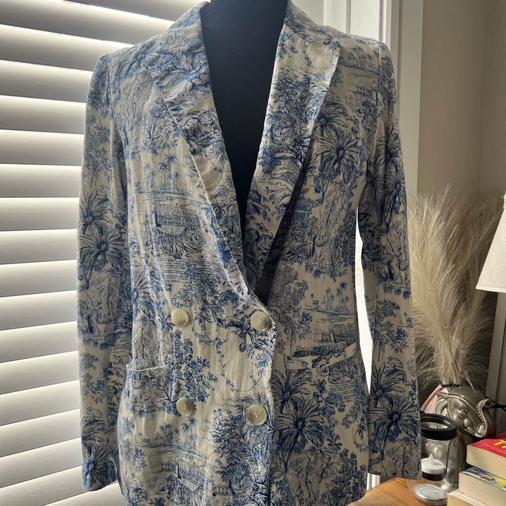 H&M Blue & White Toile Linen-Blend Blazer | Size 2